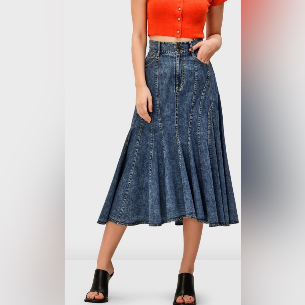 Zapelle Women’s Pieced Cotton Dark Denim Midi Swing Flared Boho Style Skirt